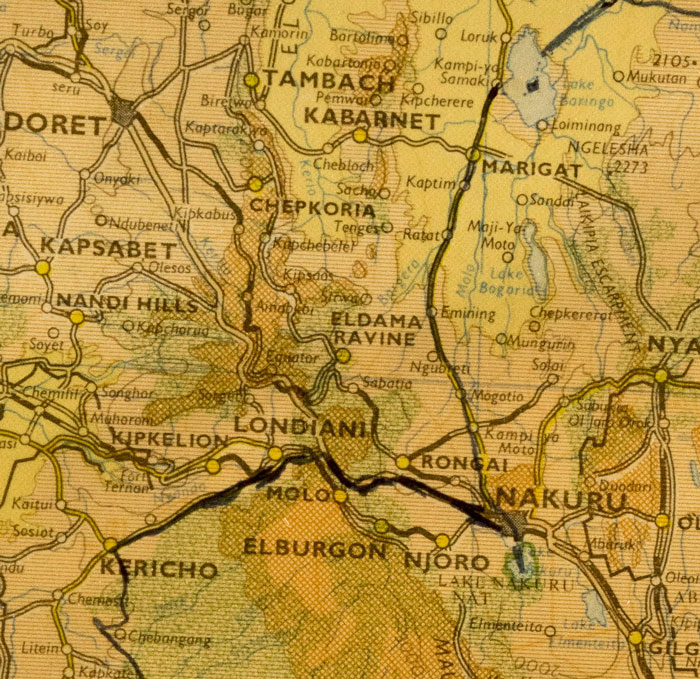 Map from Lake Baringo to Lake Nakuru to Kericho
