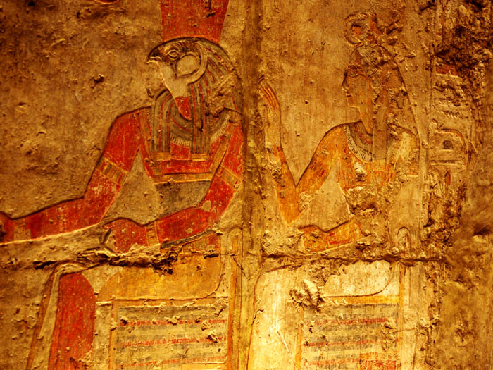 Paintd Wall Carving of Pharoah and Queen